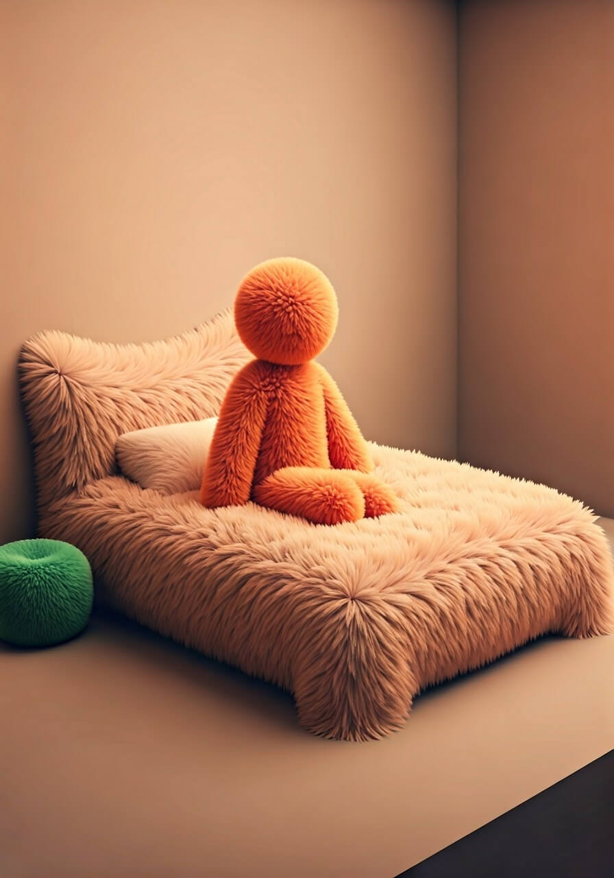 A stylized, fuzzier cute man made out of ultra-soft, wool-like material is sitting on a large, plush bed in an isometric room.